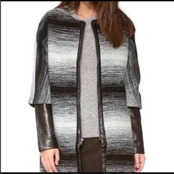 Parker  Coat w Lambs Leather Trim Black & White Stripes Size XSmall Oversized Wo - Picture 5 of 14